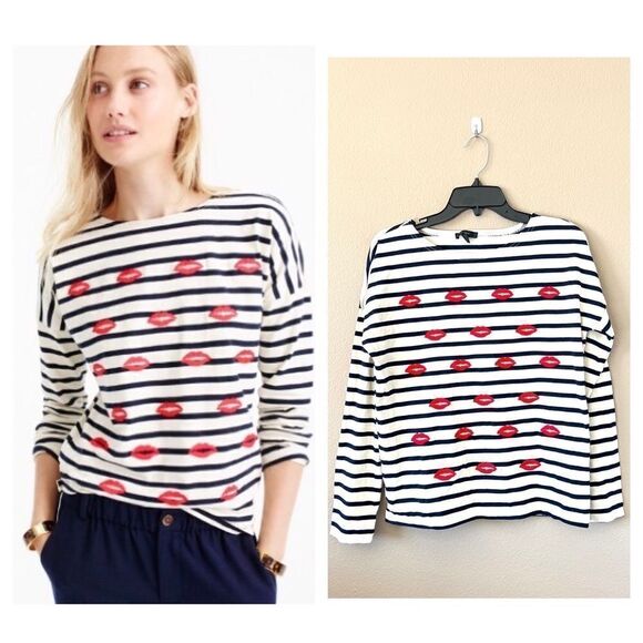 J. Crew Striped Embroidered Lips Long Sleeve Top - Picture 1 of 7